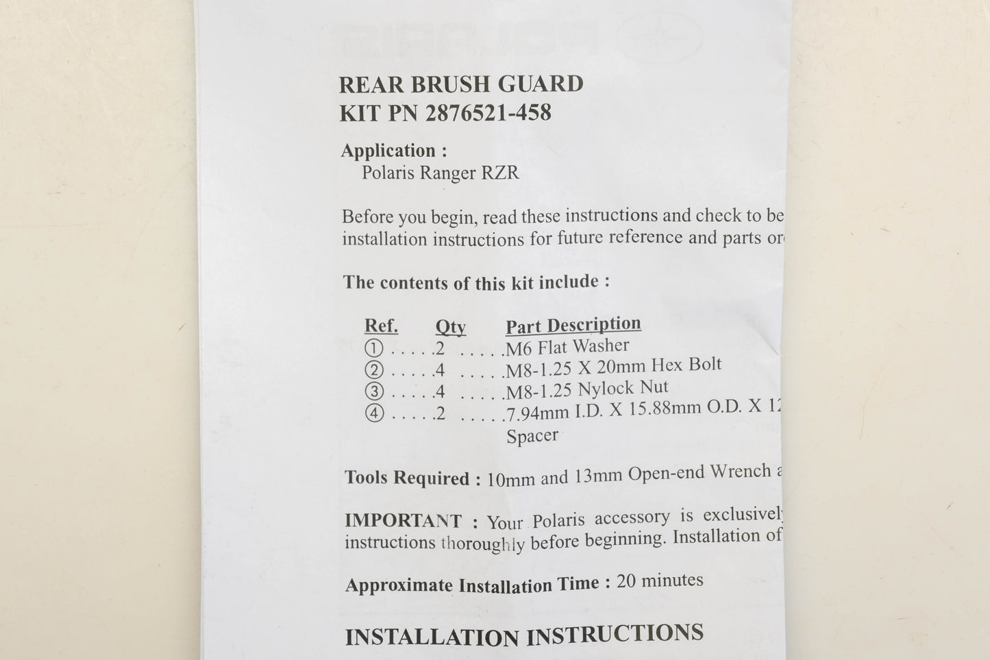 New OEM Polaris 2876521-458 Black RZR Rear Brush Guard Kit NOS