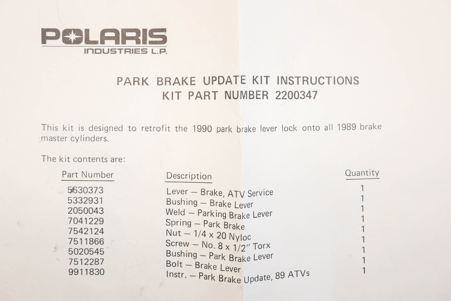 New OEM Polaris 2200347 Parking Brake Update Kit NOS
