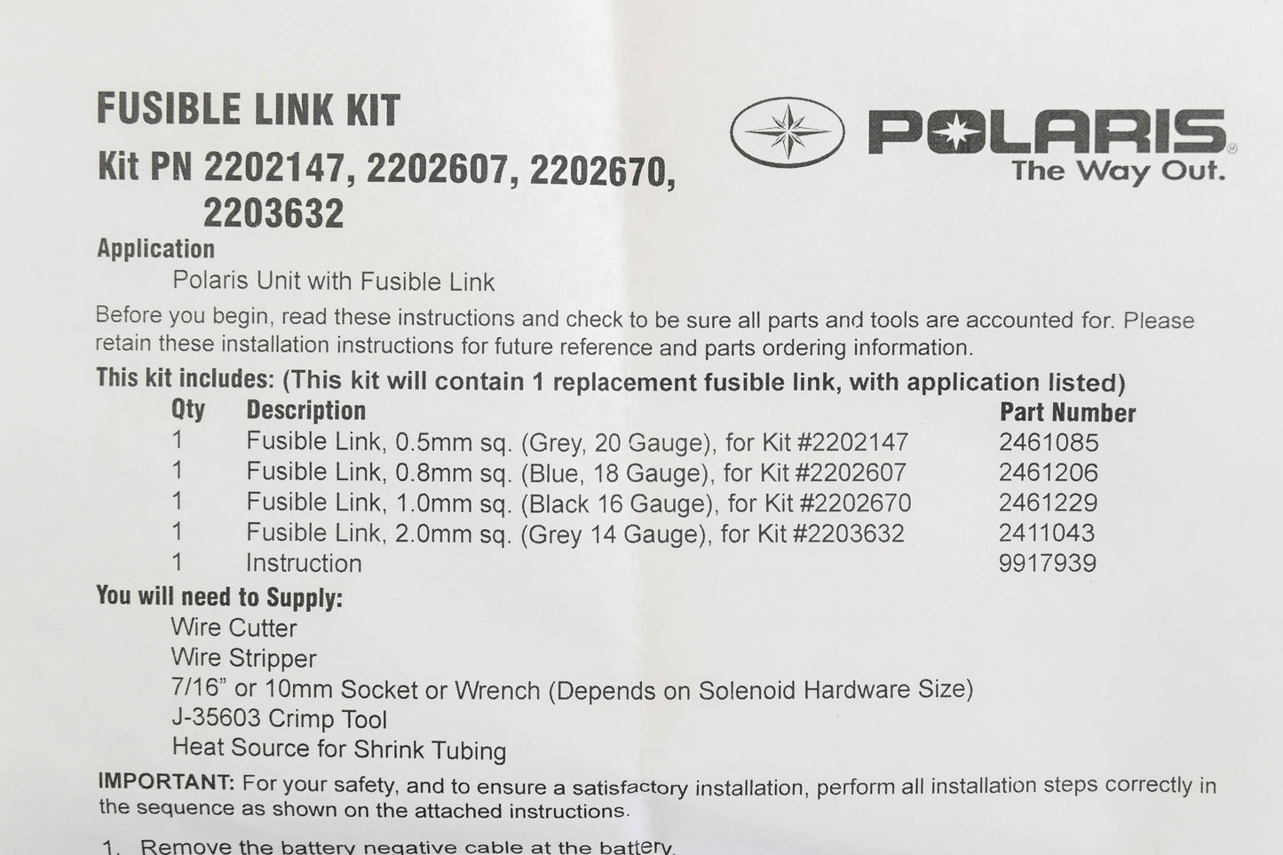 New OEM Polaris 2202670 1mm Fusible Link Kit NOS