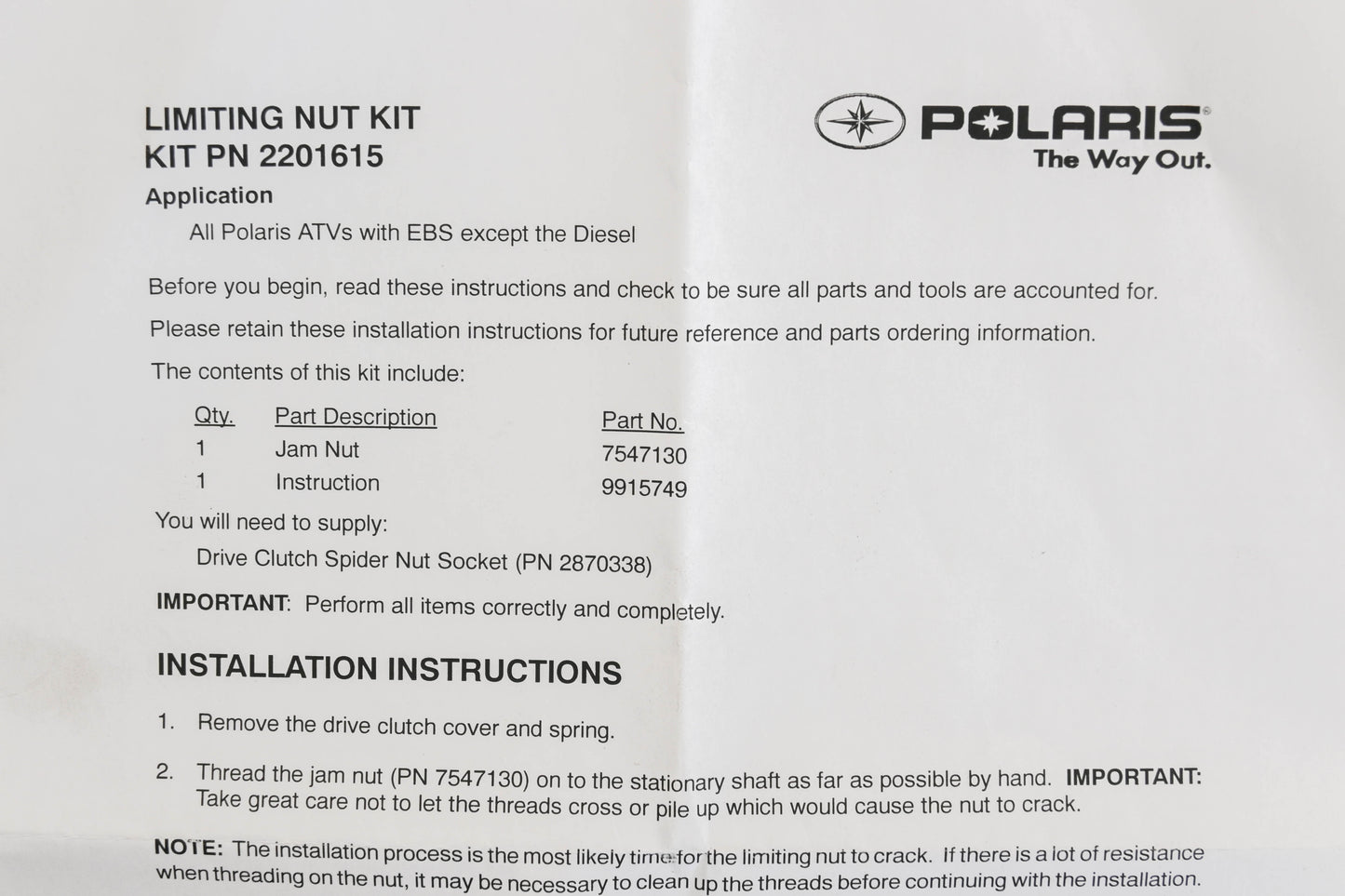 New OEM Polaris 2201615 Limiting Nut NOS