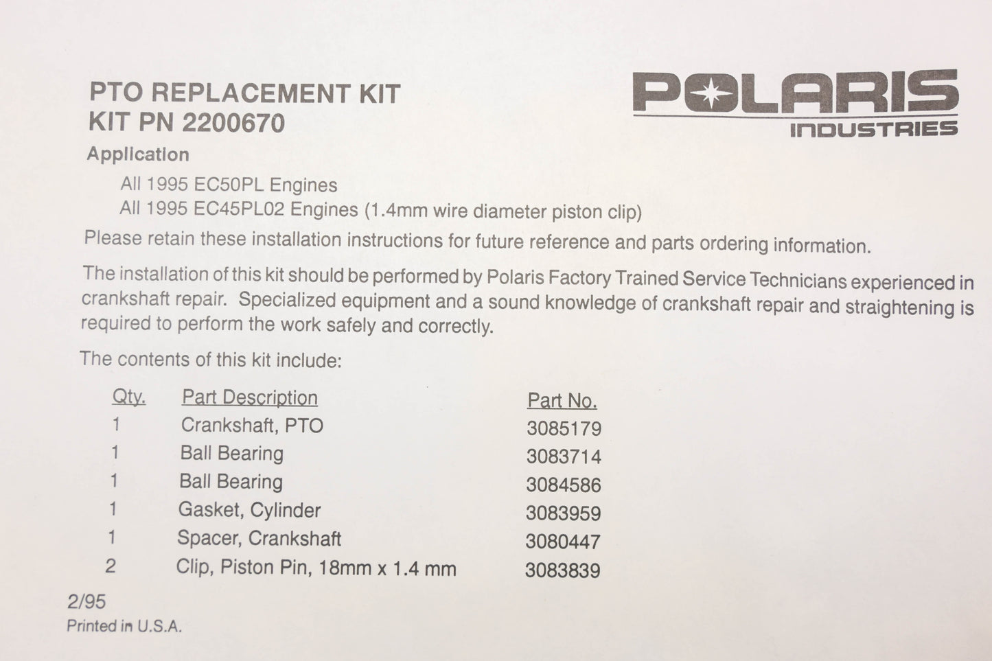 New OEM Polaris 2200670 PTO Replacement Kit NOS