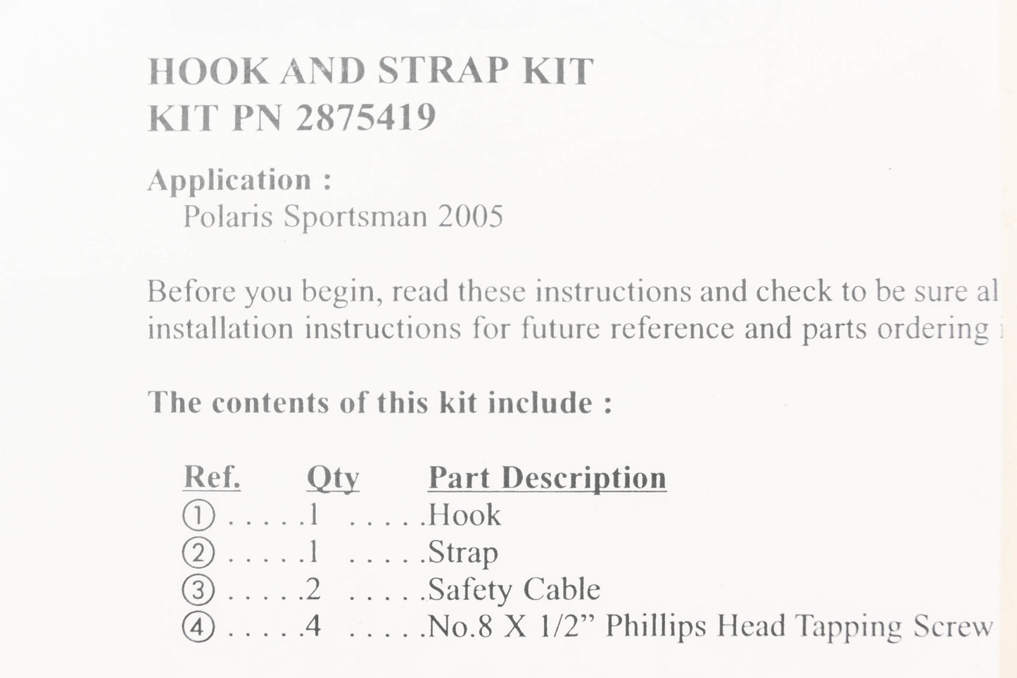 New OEM Polaris 2875419 Super Winch Hook Kit NOS