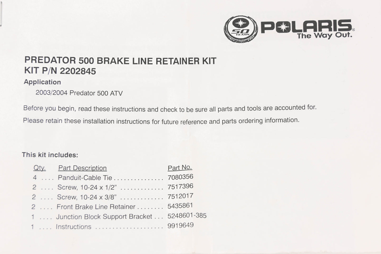 New OEM Polaris 2202845 Predator 500 Brake Line Retainer Kit NOS