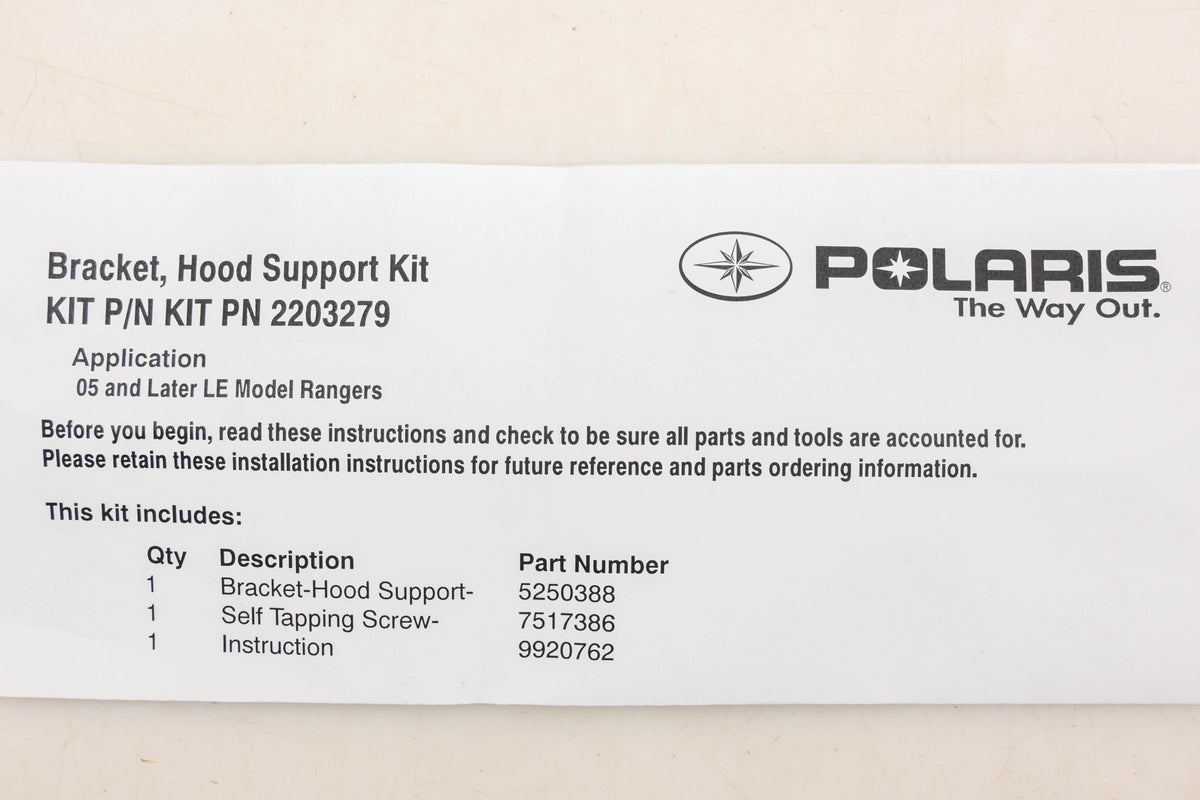 New OEM Polaris 2203279 Hood Support Bracket Kit NOS