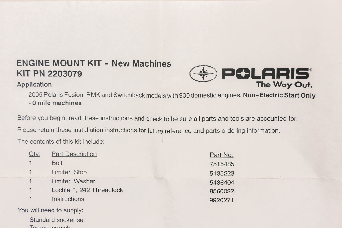 New OEM Polaris 2203079 Engine Mount Kit NOS
