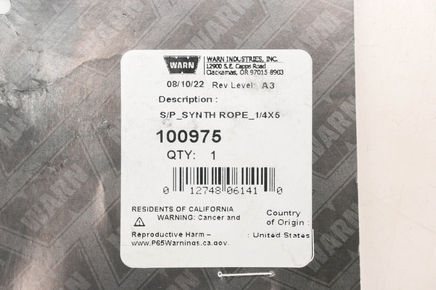 Warn 100975, 619-100975 Winch Synthetic 1/4"x50' Rope Kit NOS
