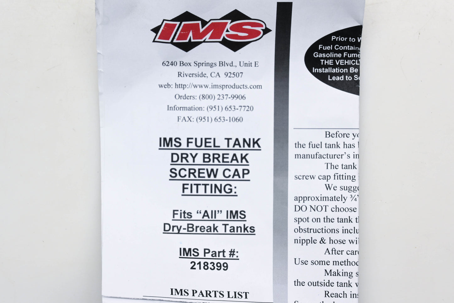 IMS 218399 Dry Break Screw Cap Adapter Kit NOS
