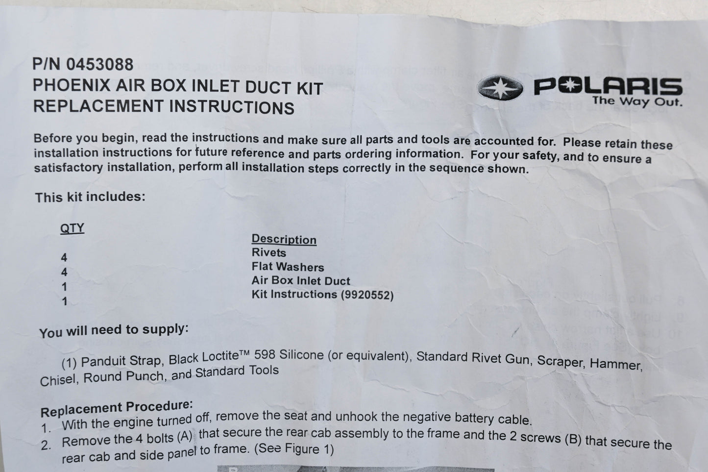 New OEM Polaris 0453088 Airbox Inlet Kit NOS