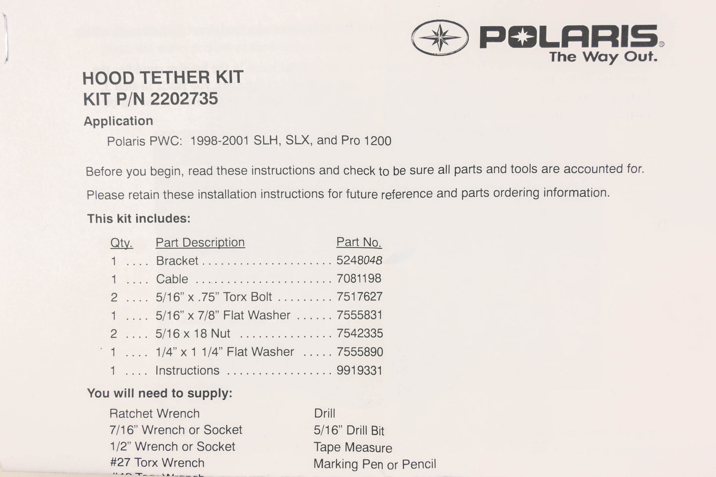 New OEM Polaris 2202735 Hood Tether Kit NOS