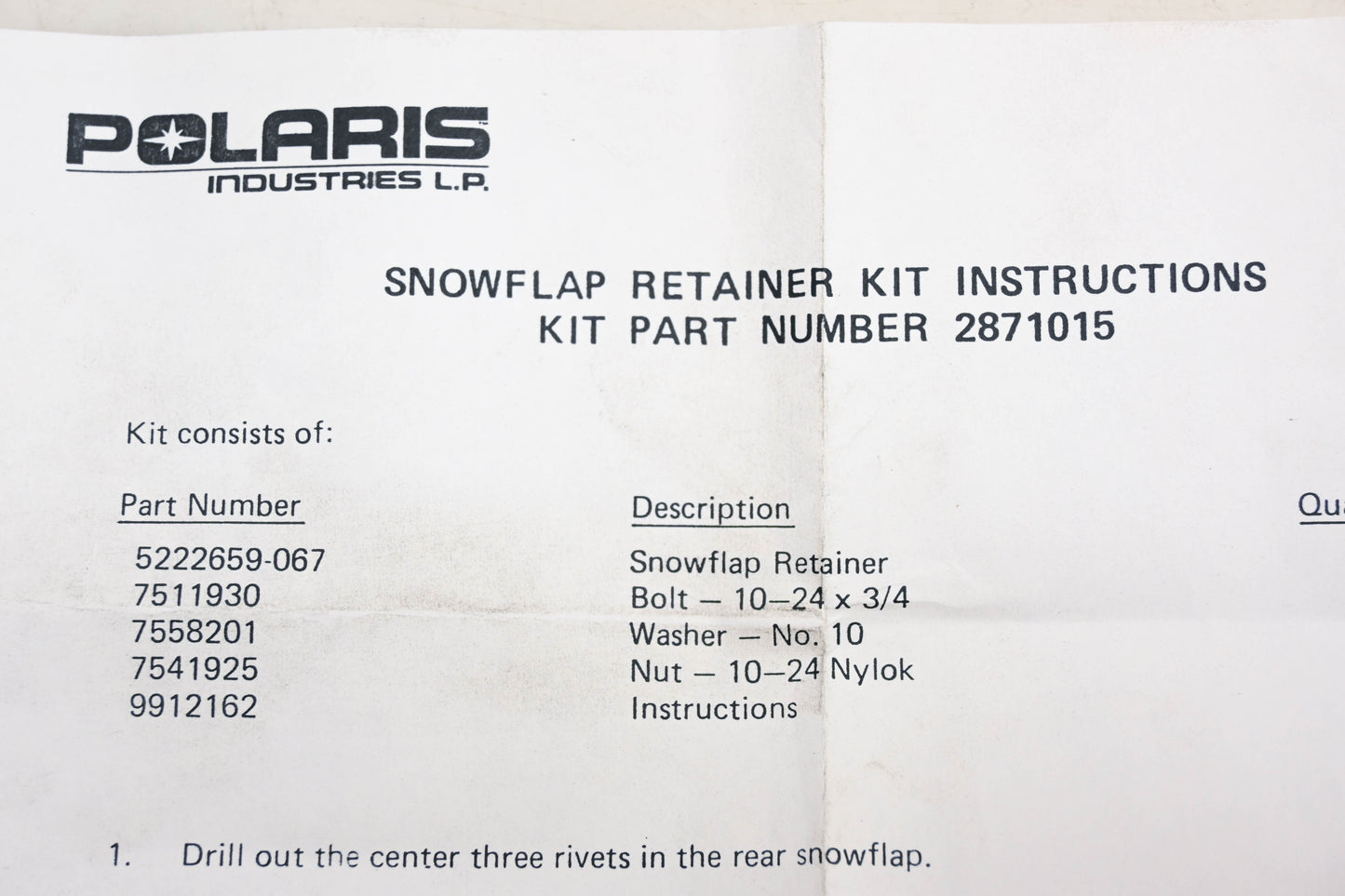 New OEM Polaris 2871015 Reverse Drive Snow Flap Retainer Kit NOS