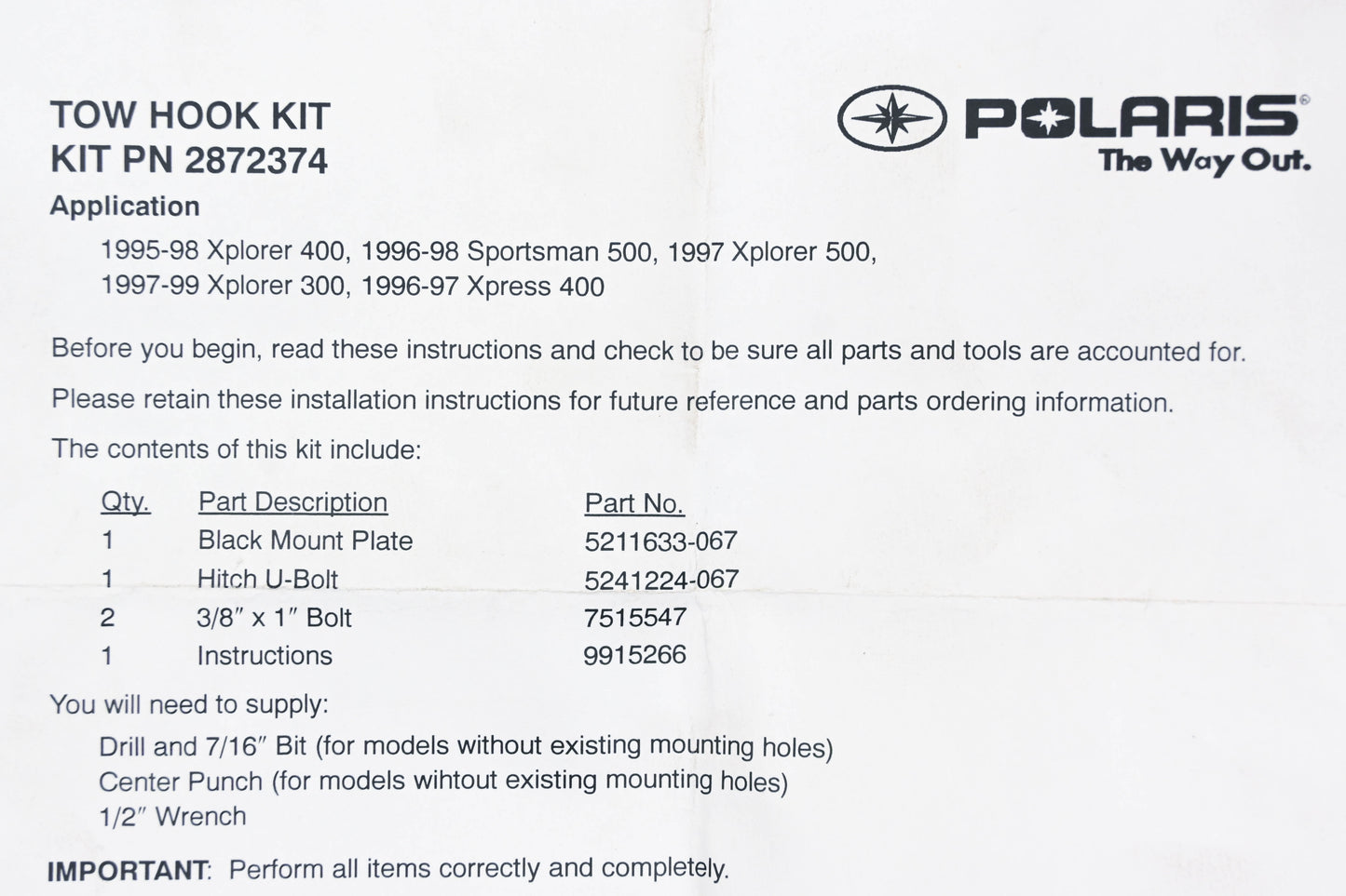 New OEM Polaris 2872374 Gen4 Tow Hook Kit NOS