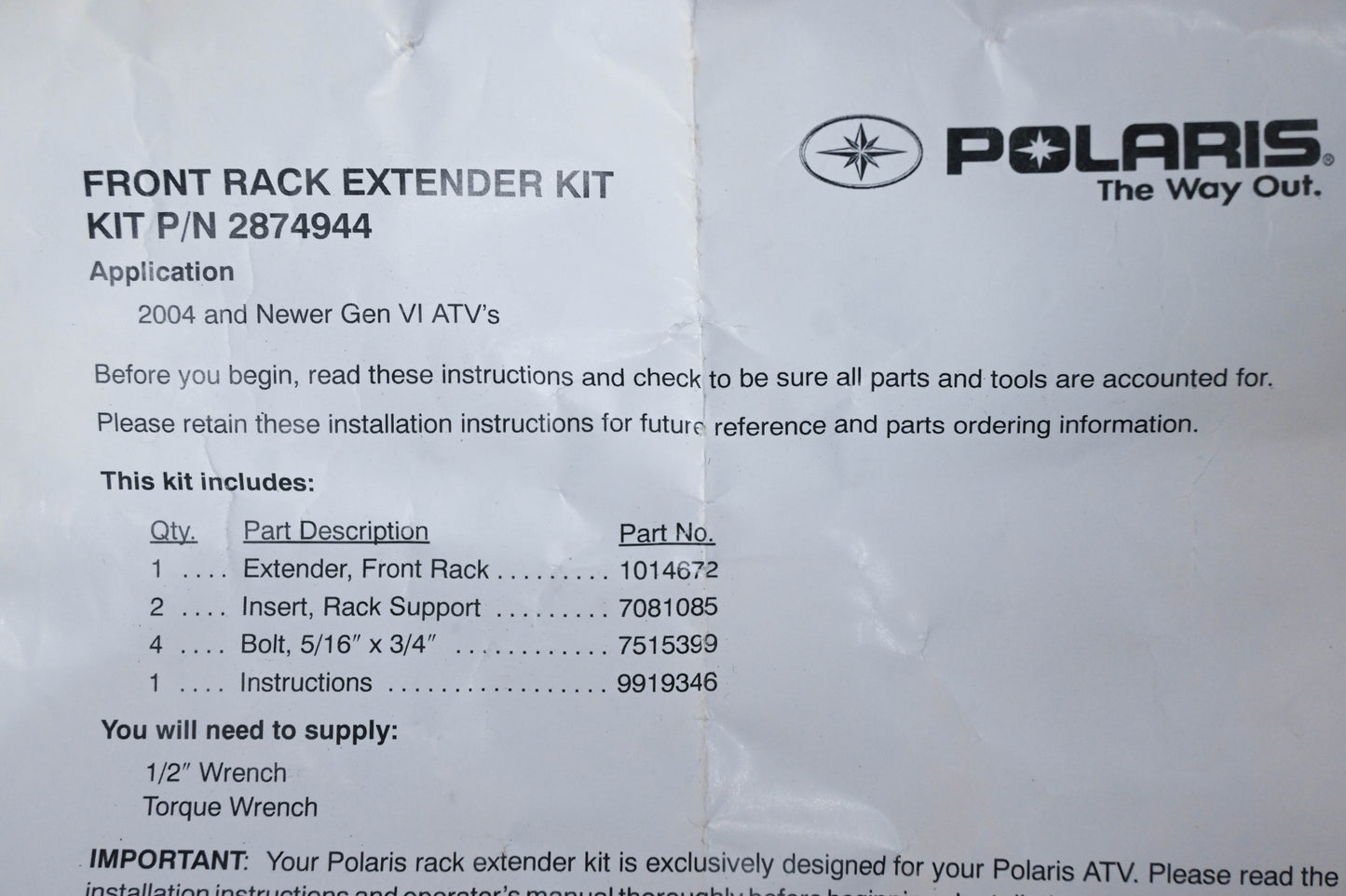 New OEM Polaris 2874944 Black Front Rack Extender Kit NOS