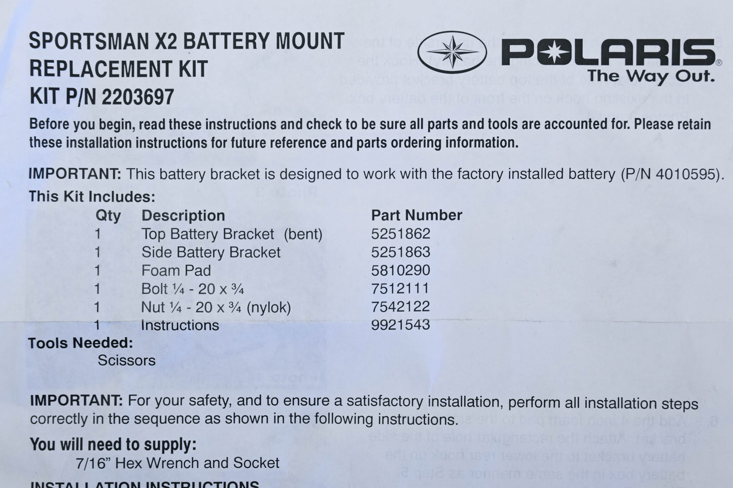 New OEM Polaris 2203697 Sportsman X2 Battery Mount Kit NOS