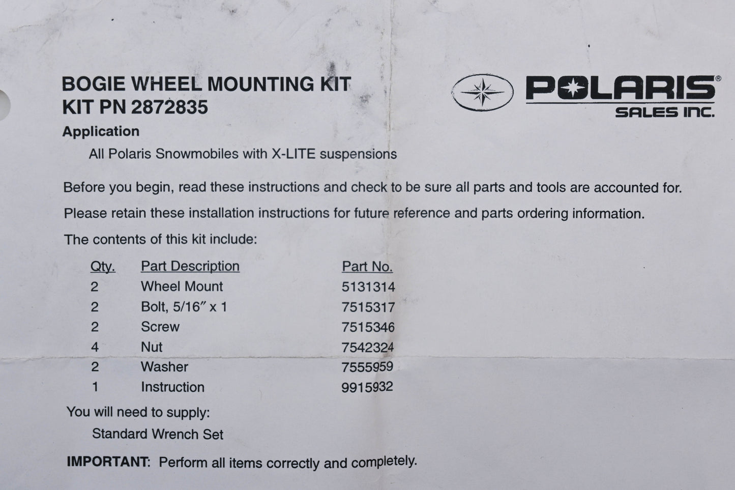 New OEM Polaris 2872835 Bogie Wheel Mounting Kit NOS