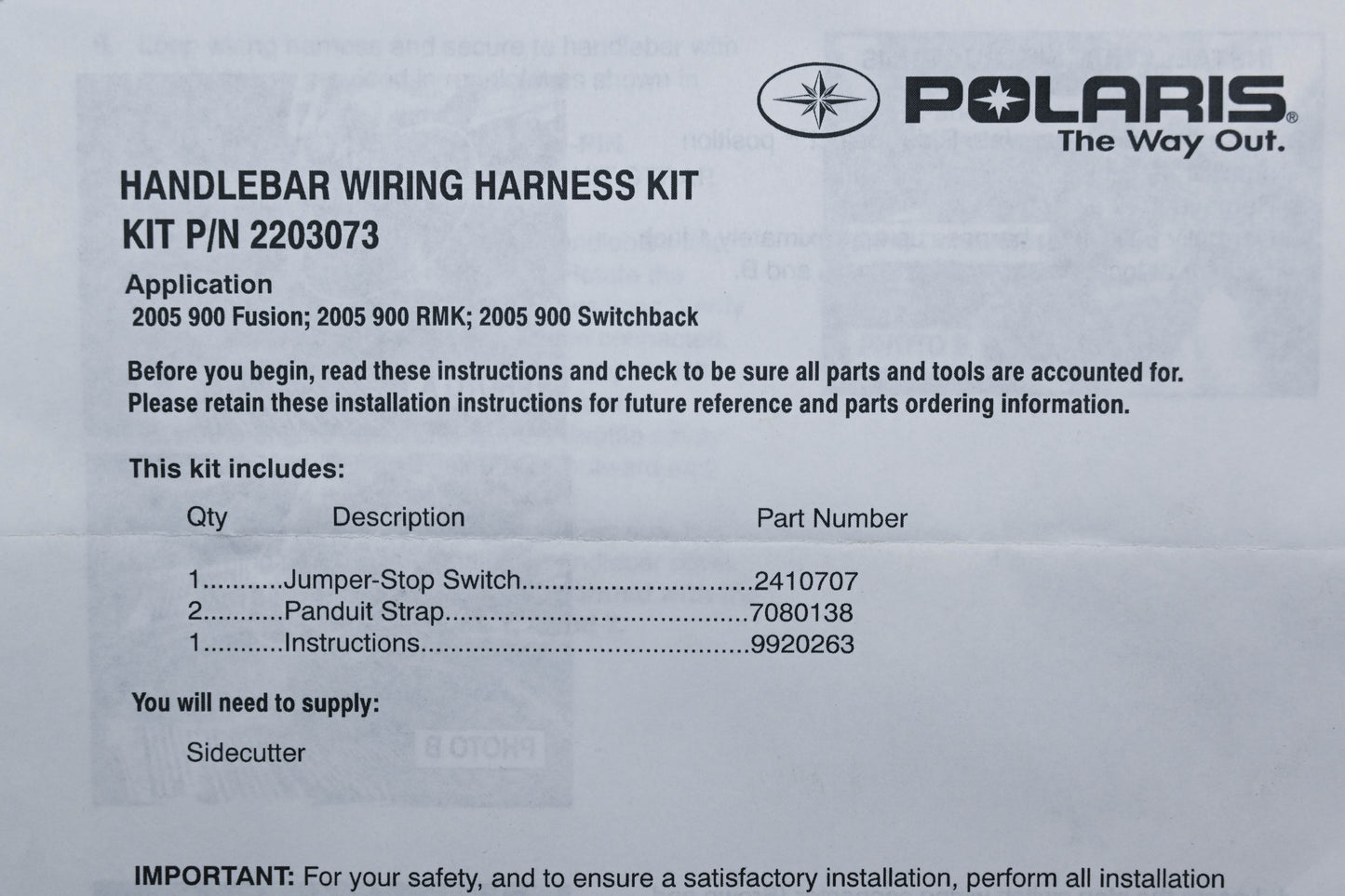 New OEM Polaris 2203073 Handlebar Wiring Harness Kit NOS