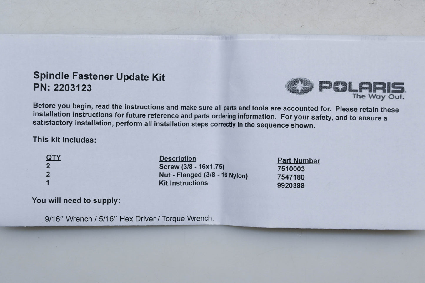 New OEM Polaris 2203123 Spindle Fastener Update Kit NOS