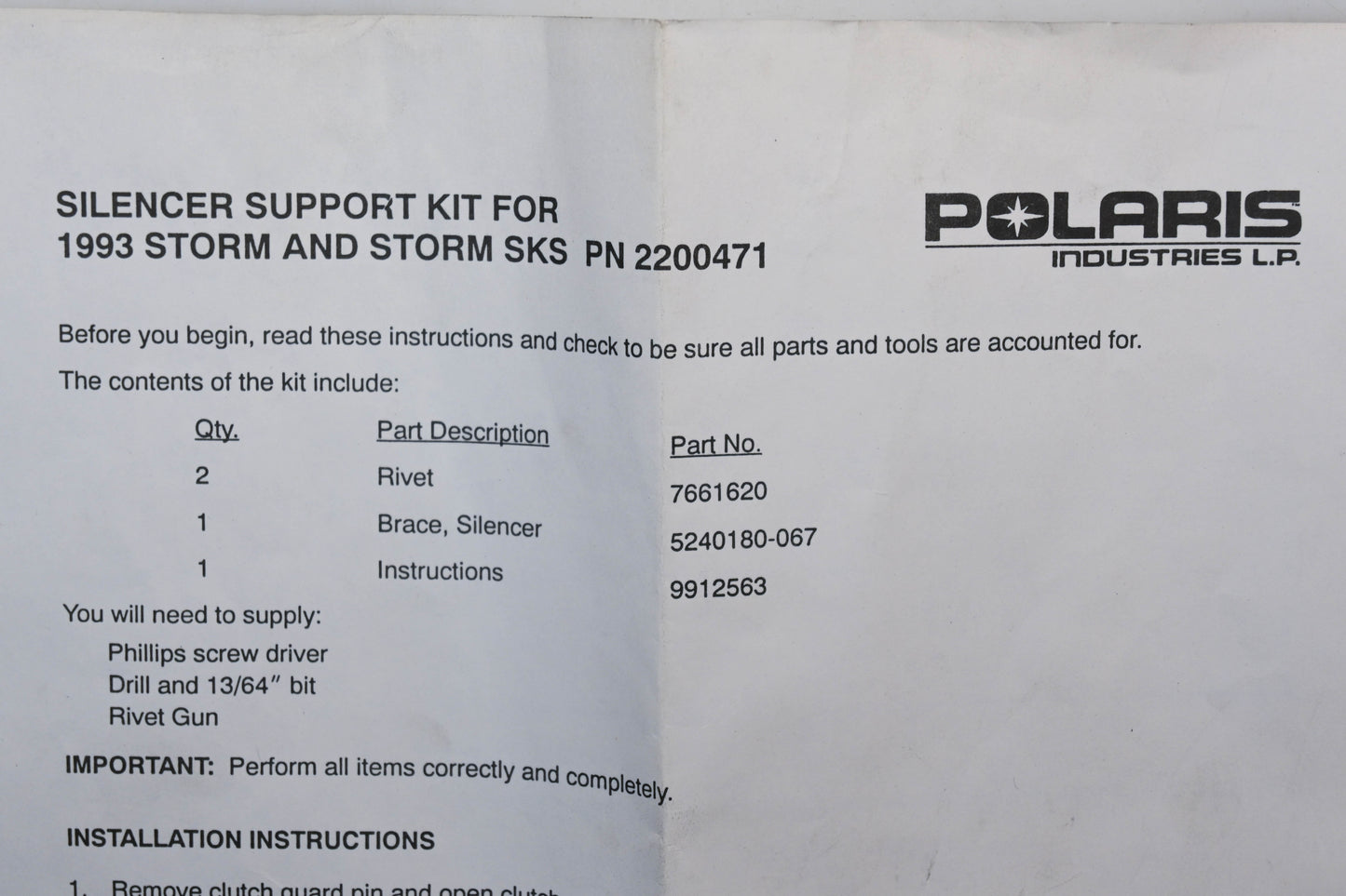New OEM Polaris 2200471 1993 Storm Silencer Bracket Kit NOS