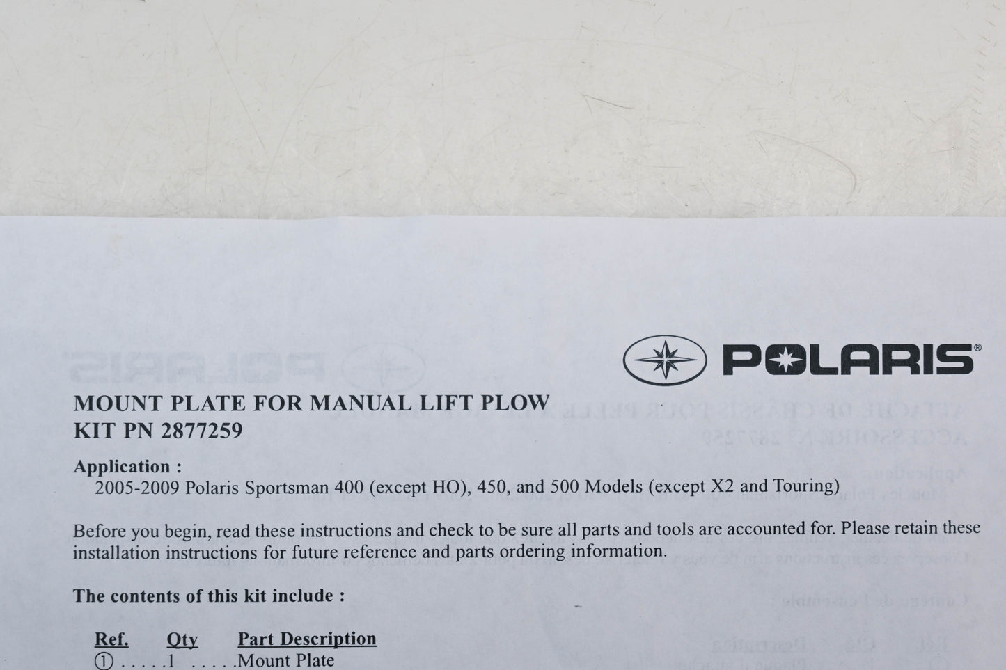 New OEM Polaris 2877259 Manual Lift Plow Mounting Plate NOS