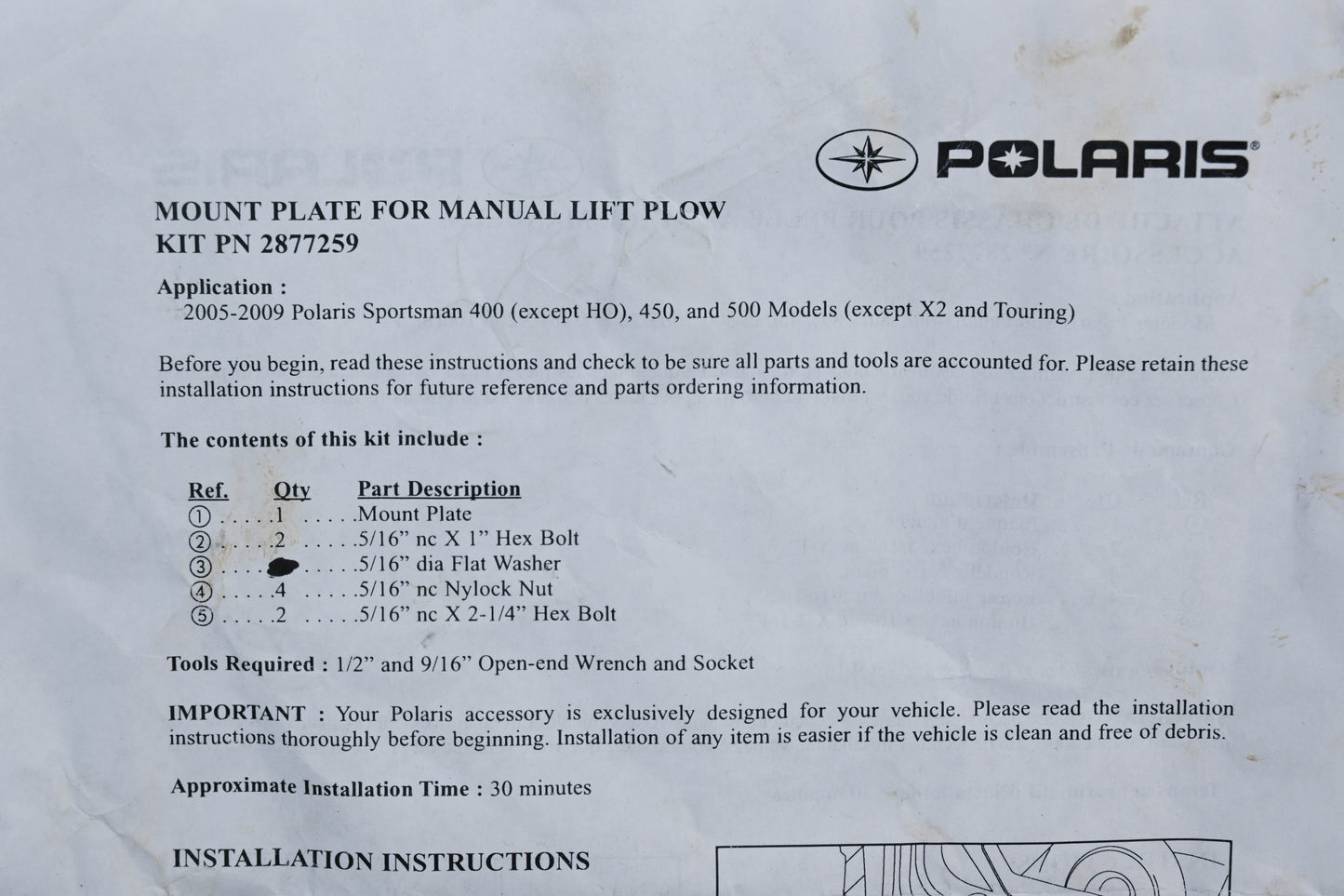 OEM Polaris 2877259 Manual Lift Plow Mounting Plate Kit