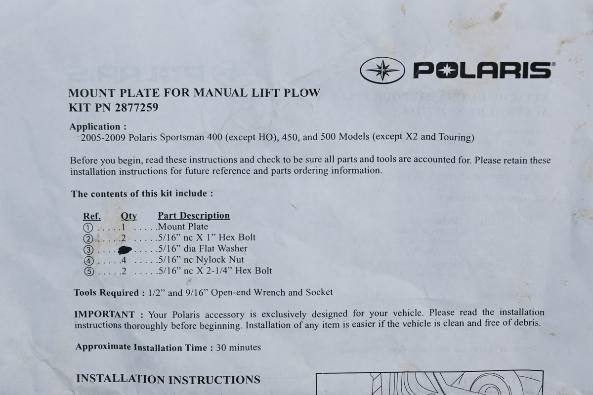 OEM Polaris 2877259 Manual Lift Plow Mounting Plate Kit