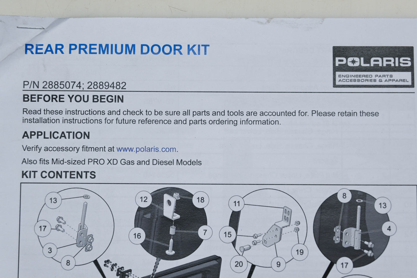 New OEM Polaris 2885074 Rear Door Kit NOS