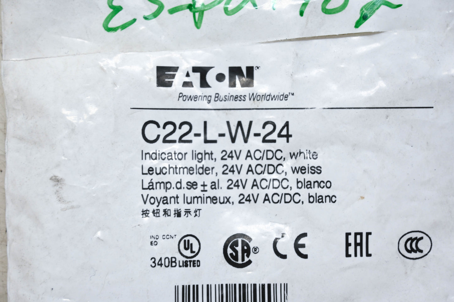 Eaton C22-L-W-24 24V Indicator Light NOS