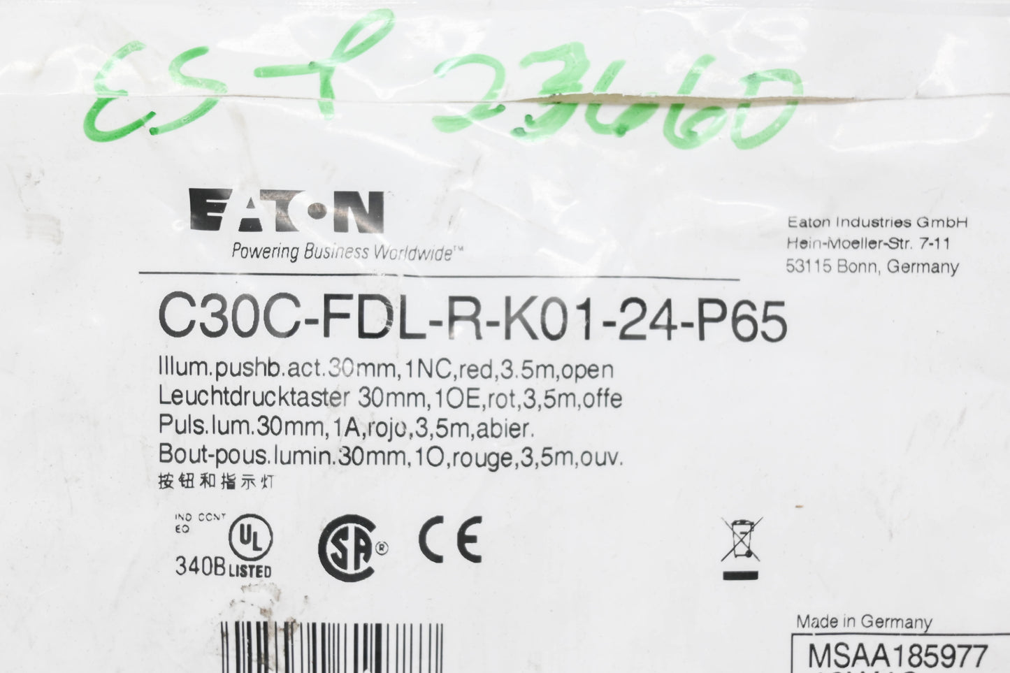 Eaton C30C-FDL-R-K01-24-P65 Red Push Button NOS