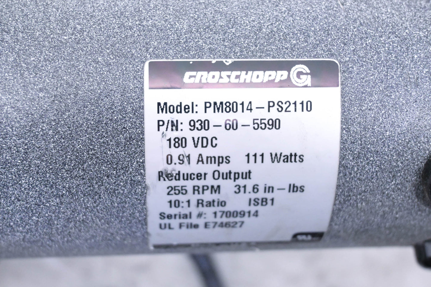 Groschopp PM8014-PS2110 Electric Gear Motor, 255 RPM, 180VDC, 0.91 Amps NOS