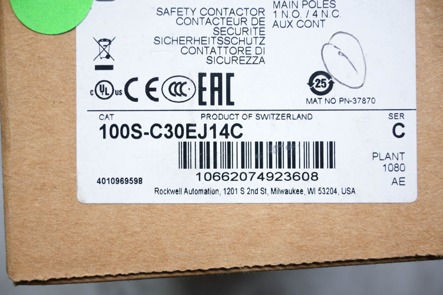 Allen-Bradley 100S-C30EJ14C Safety Contactor 24VDC NOS