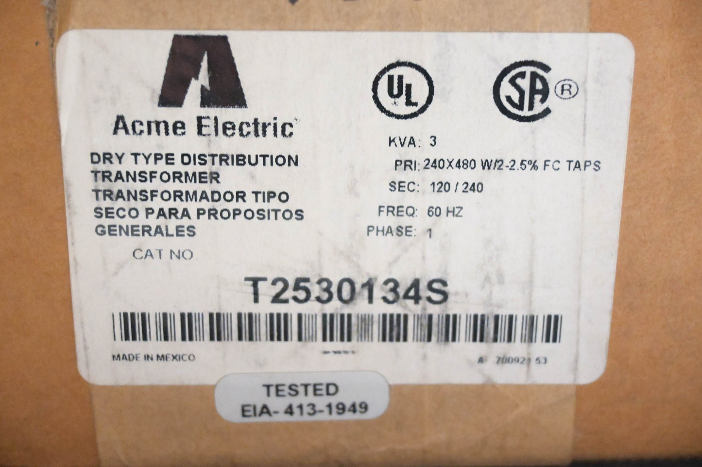 Acme Electric T2530134S General Purpose Transformer NOS