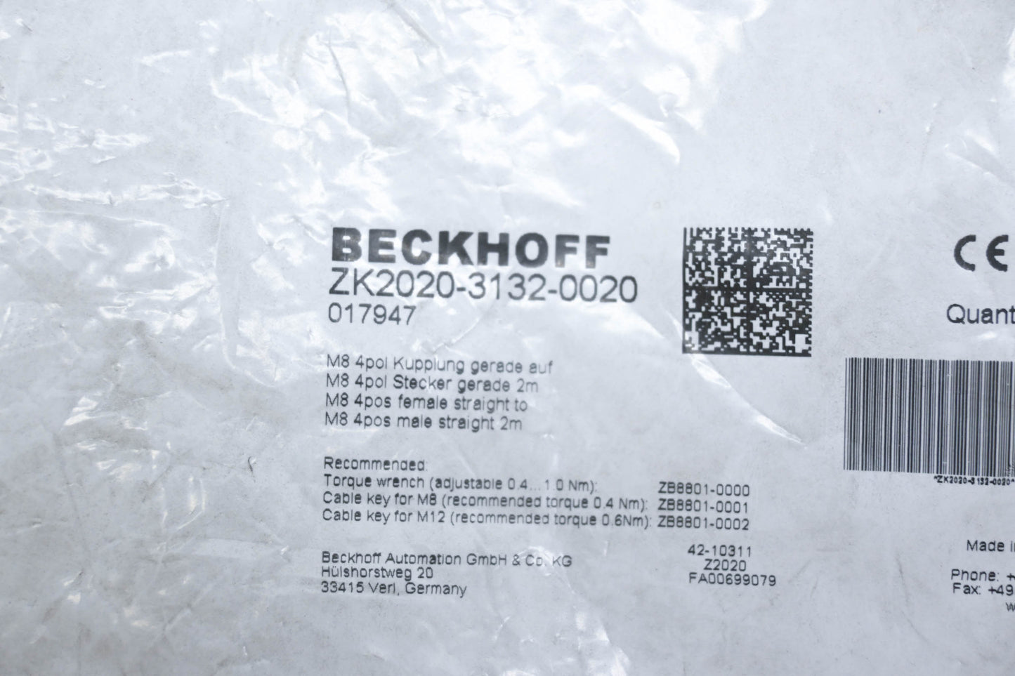 Beckhoff ZK2020-3132-0020 M8 4pos Female Straight to M8 4pos Male Straight 2m Cable NOS