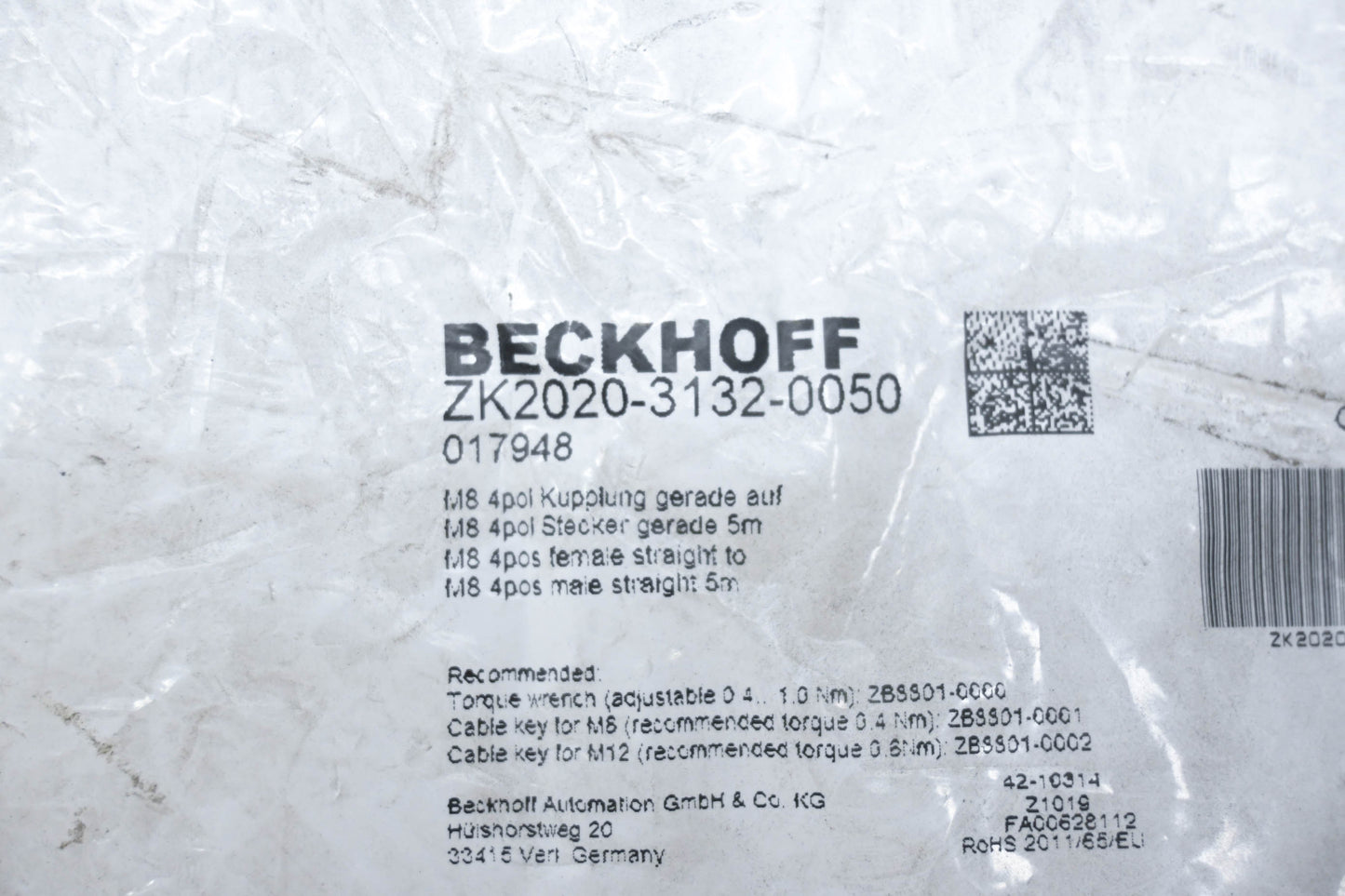 Beckhoff ZK2020-3132-0050 M8 4pos Female Straight to M8 4pos Male Straight 5m Cable NOS