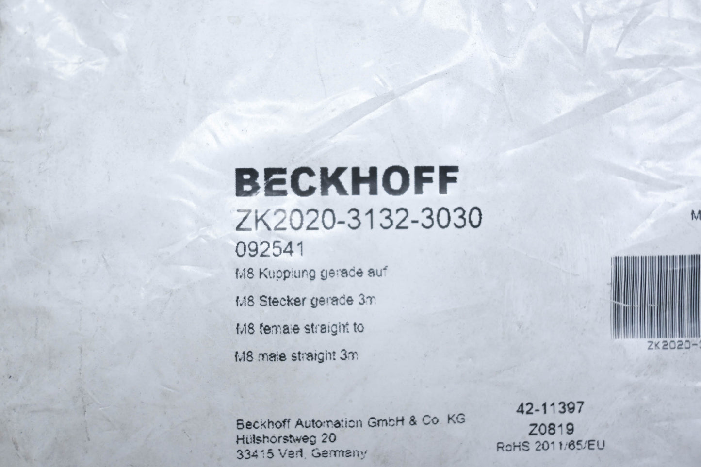 Beckhoff ZK2020-3132-3030 M8 Female Straight to M8 Male Straight 3m Cable NOS