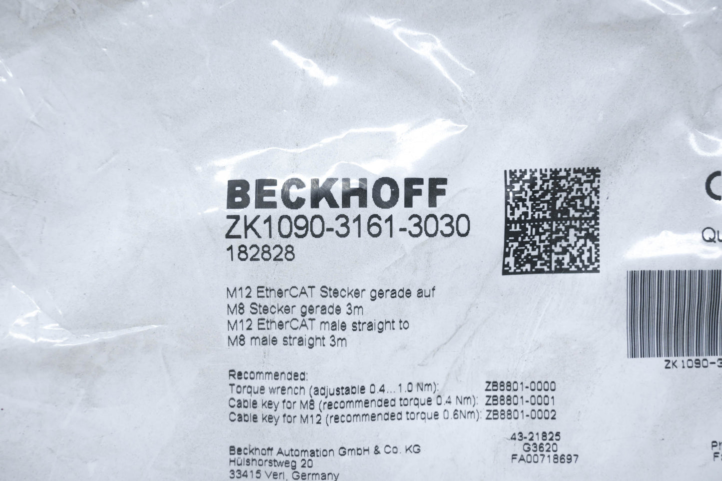 Beckhoff ZK1090-3161-3030 M12 Ethercat Male Straight to M8 Male Straight 3m Cable NOS