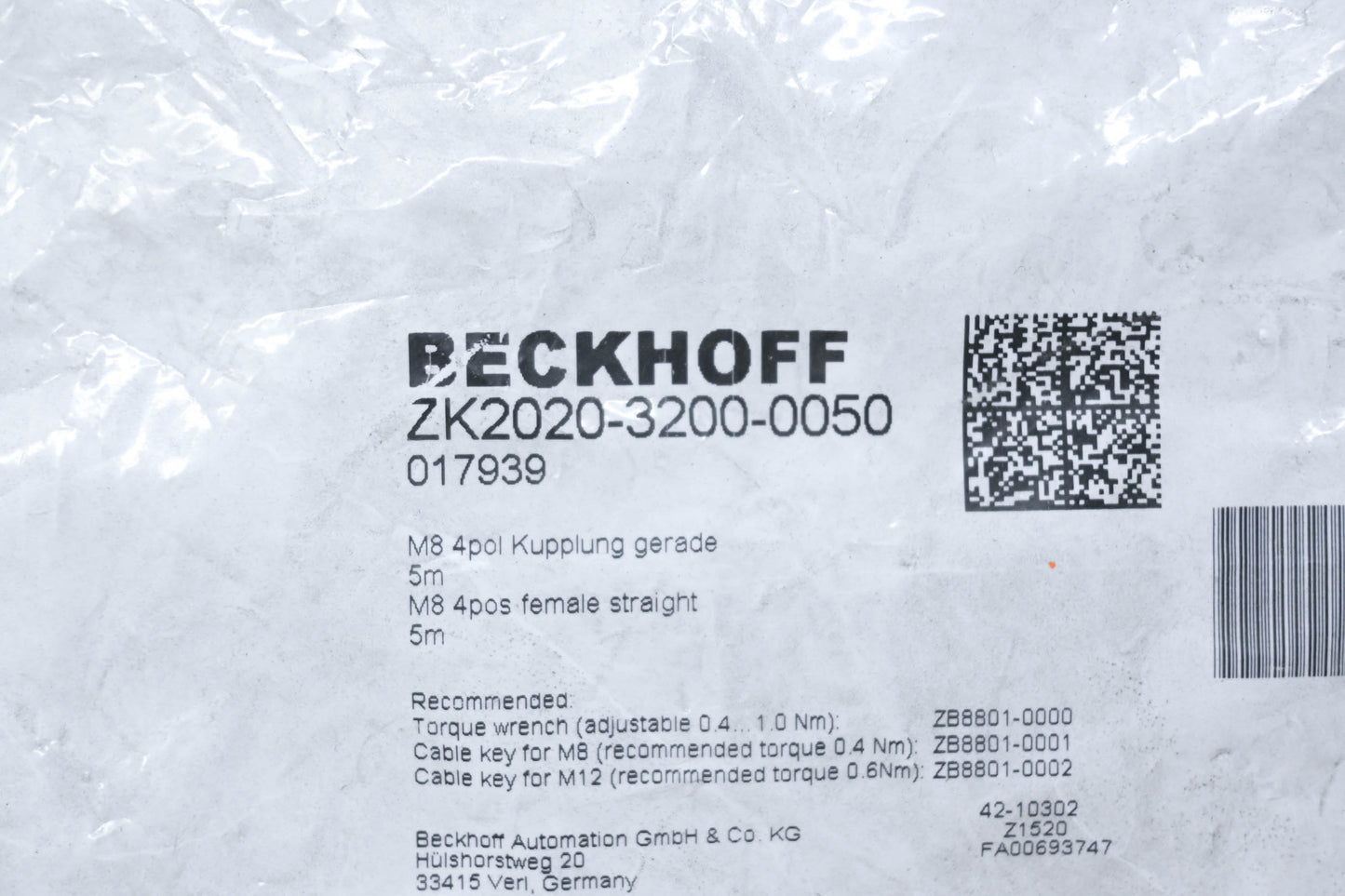 Beckhoff ZK2020-3200-0050 M8 4pos Female Straight 5m Cable NOS