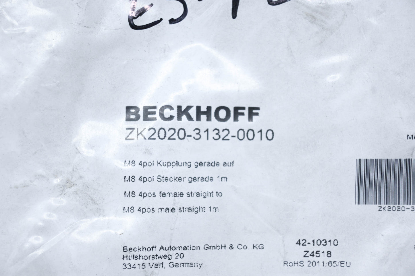Beckhoff ZK2020-3132-0010 M8 4pos Female Straight to M8 4pos Male Straight 1m Cable NOS