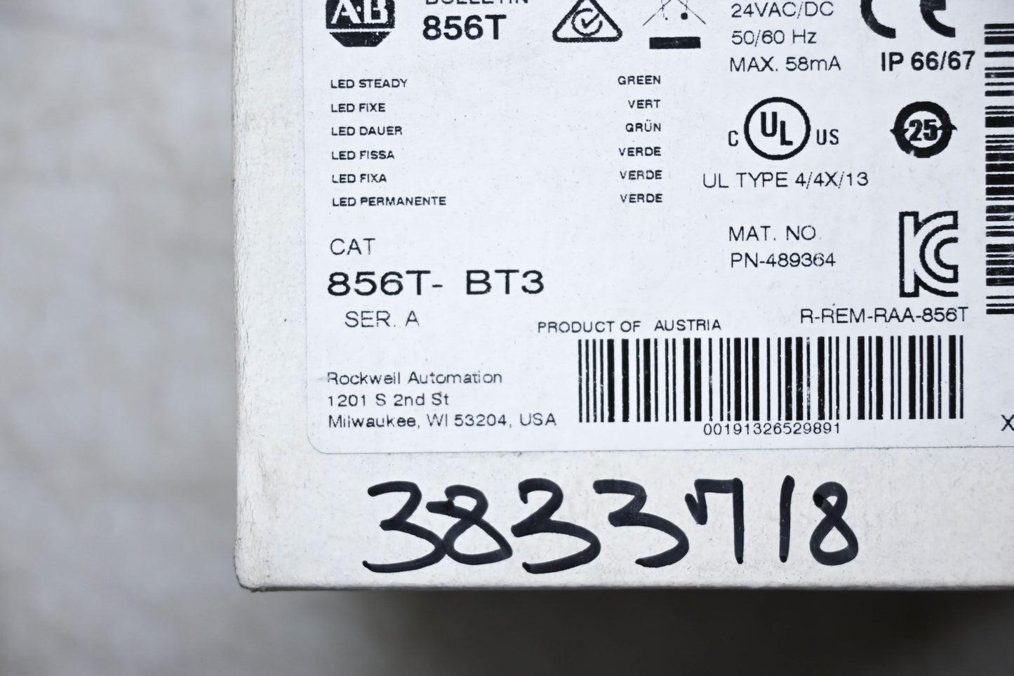 Allen-Bradley 856T-BT3 Green Steady LED Stack Light 24VAC/DC 70mm NOS