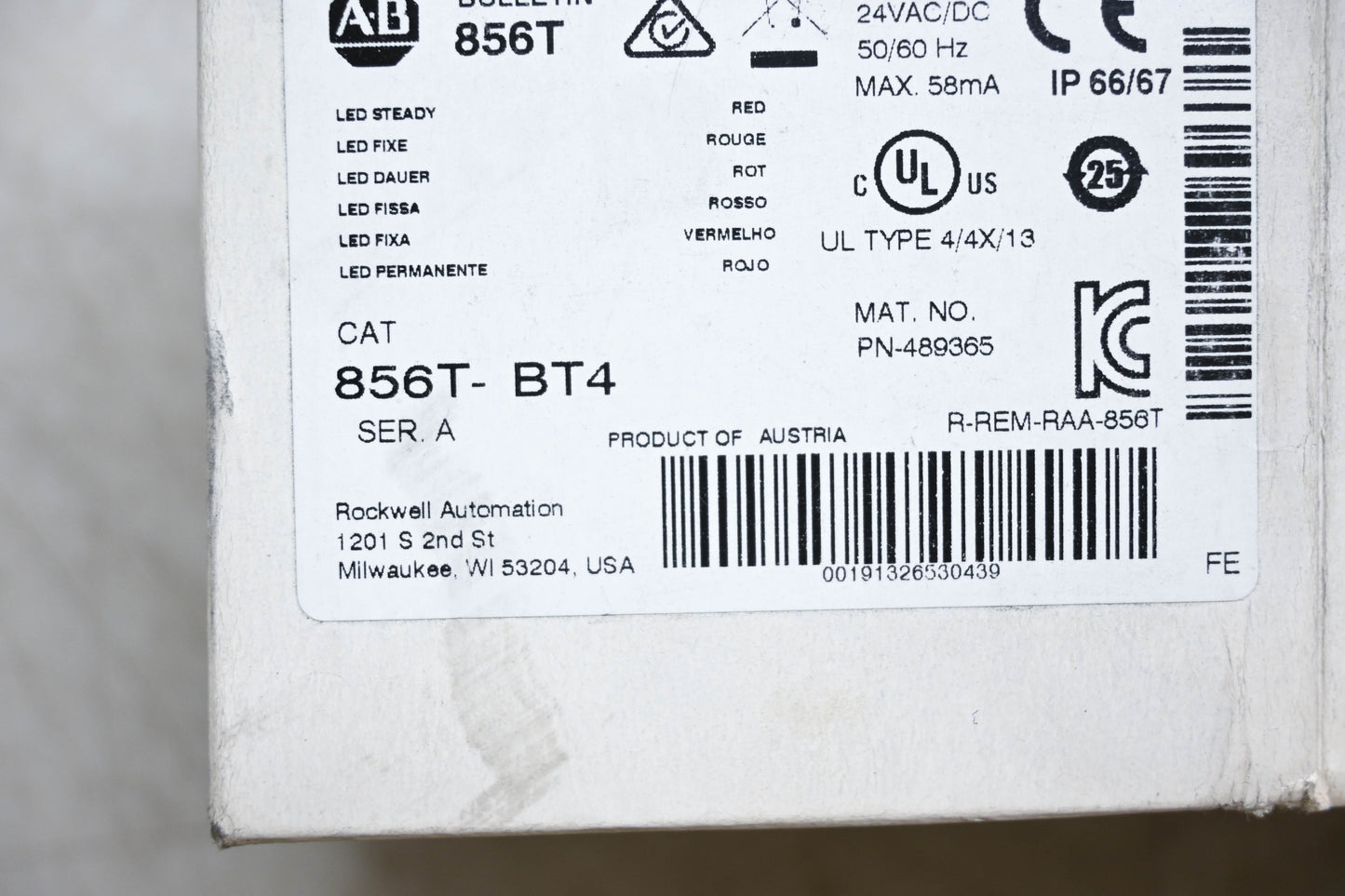 Allen-Bradley 856T-BT4 70 mm Steady Red Stack Light 24VAC/DC NOS