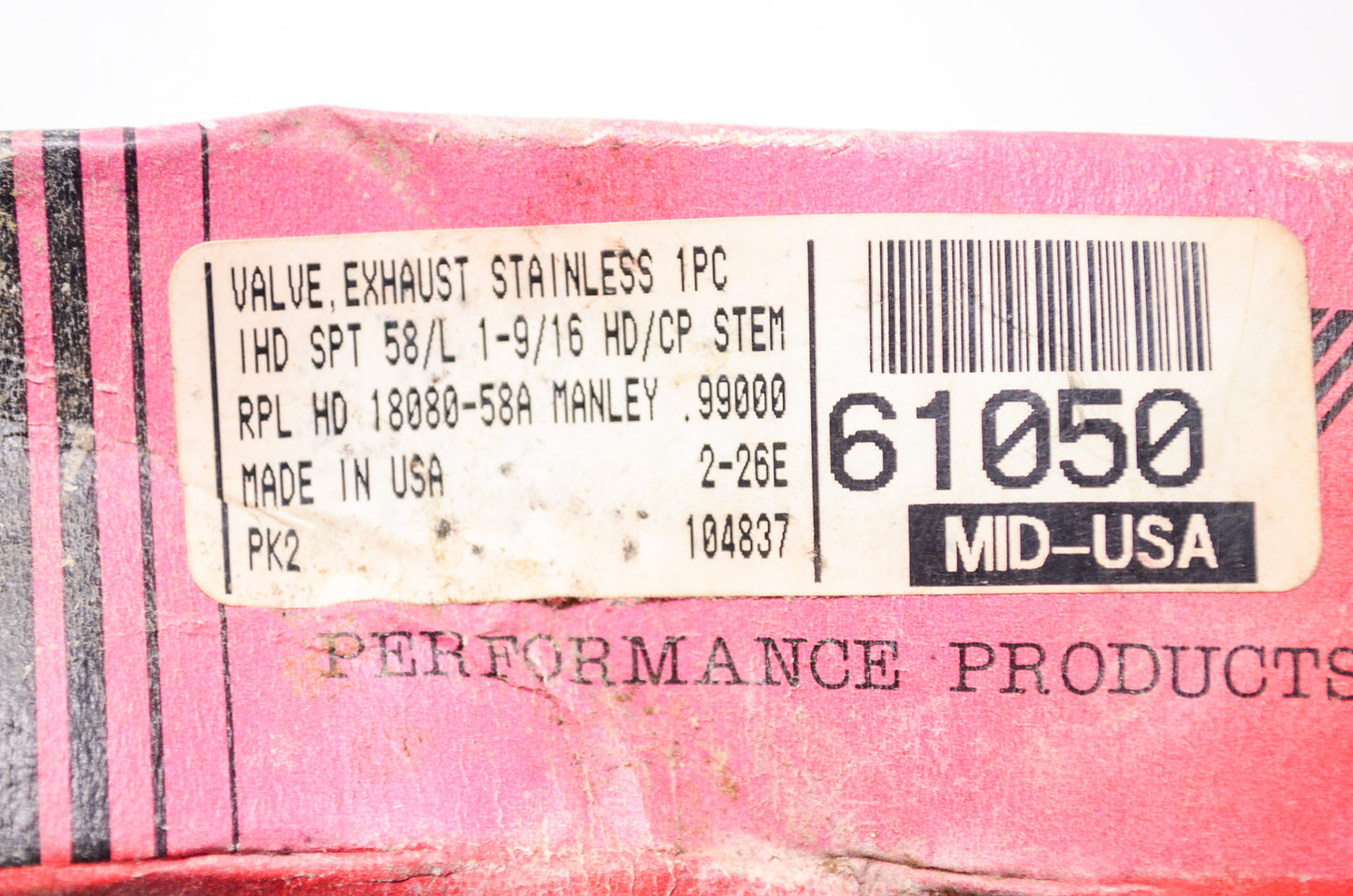 Mid USA 61050, 18080-58A Stainless 1 Piece Exhaust Valve Harley Davidson NOS