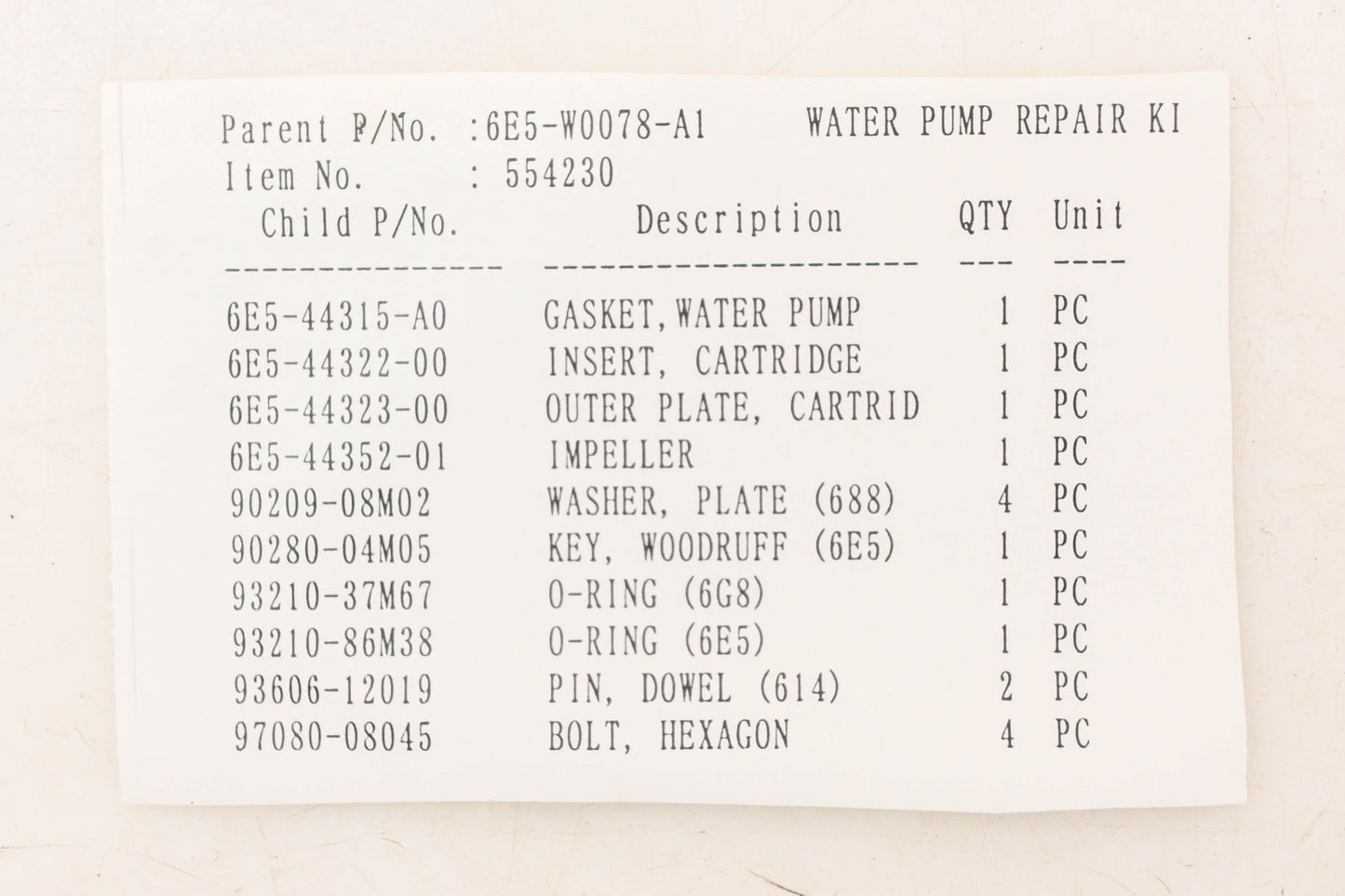 New OEM Yamaha 6E5-W0078-A1-00 Water Pump Impeller Repair Kit NOS