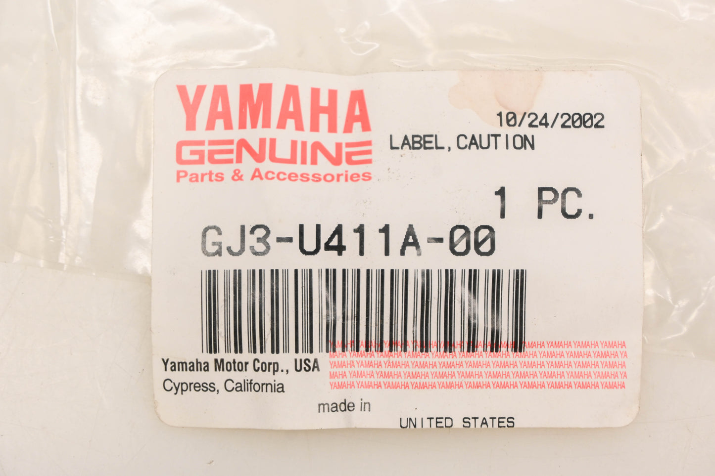 New OEM Yamaha GJ3-U411A-00-00 Caution Warning Label Decal NOS