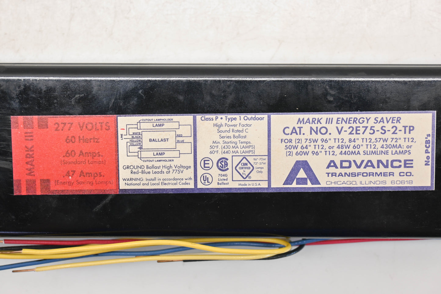 Advance V-2E75-S-2-TP 277V-60Hz Mark III Energy Saver Ballast NOS