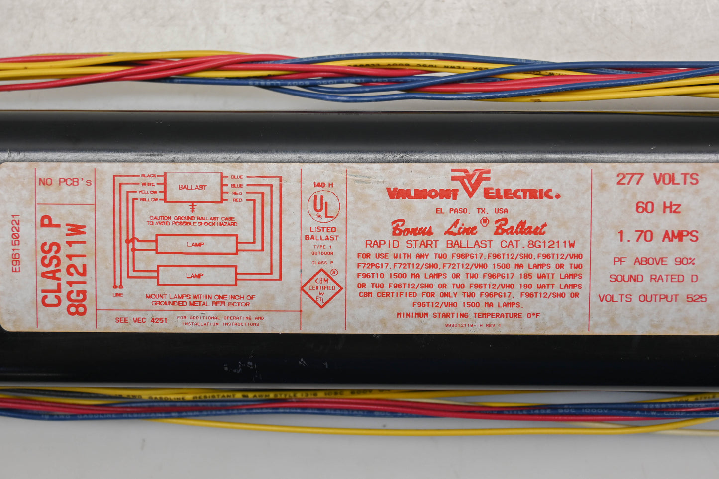Valmont Electric 8G1211W 277V-60Hz Rapid Start Ballast NOS