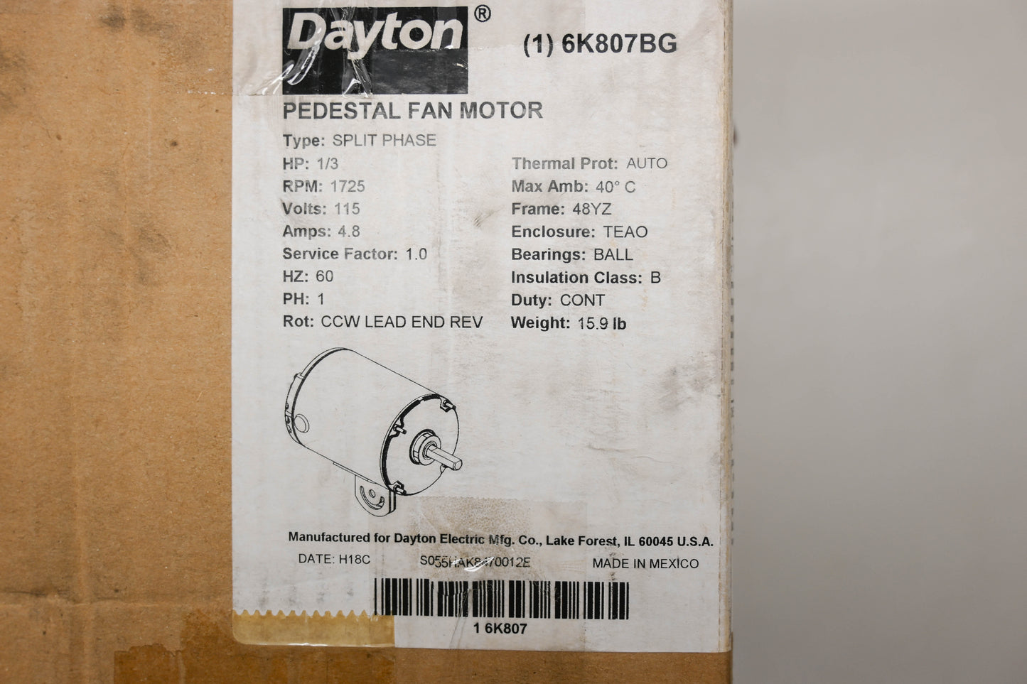Dayton 6K807BG, 6K807 115V 1/3 HP Electric Motor NOS