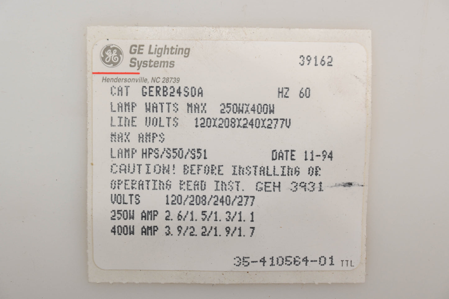 GE GERB24S0A Ballast Kit NOS