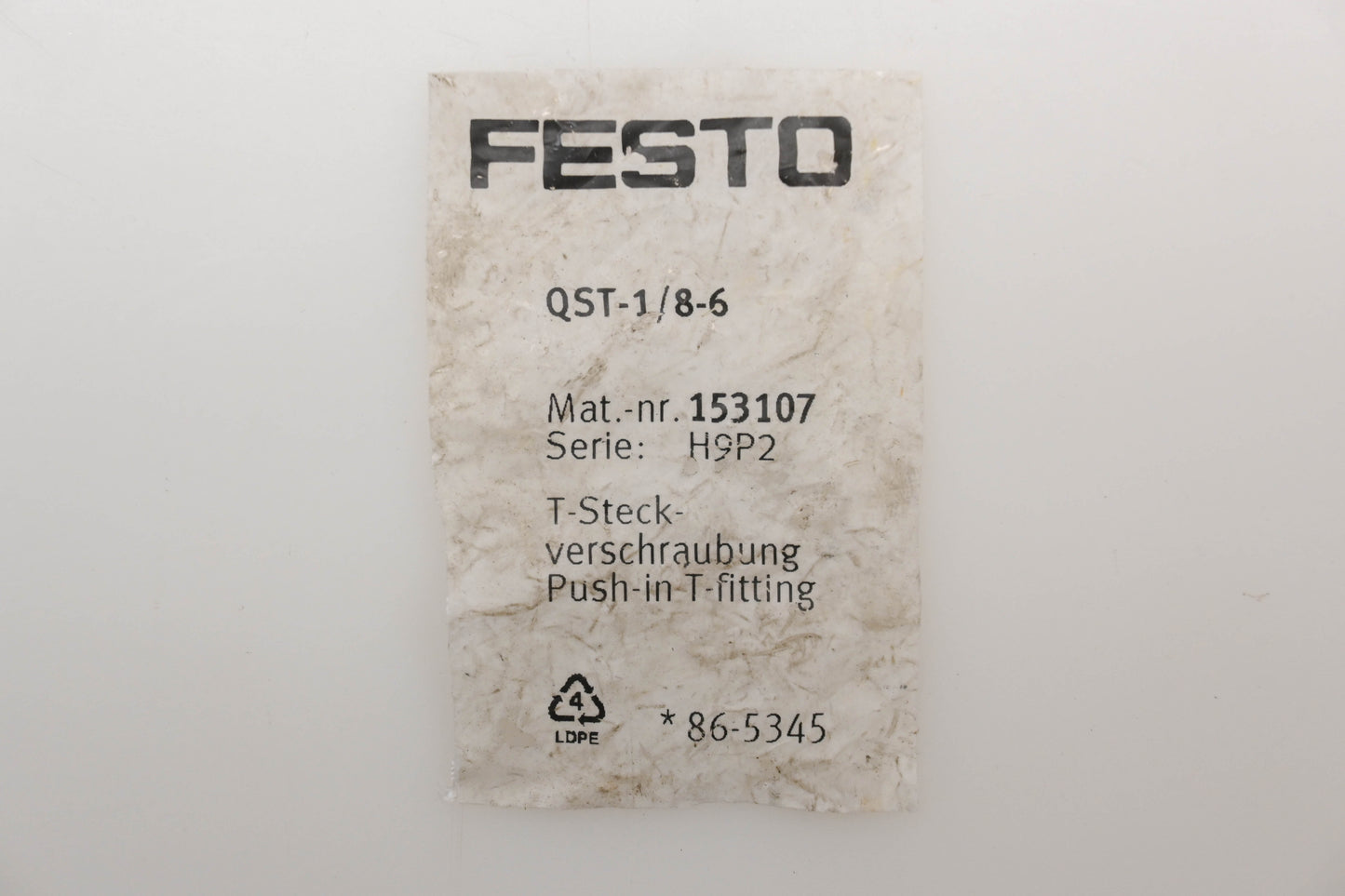 Festo QST-1/8-6, 153107 6mm x 1/8" Push-In Tee Fittings Qty 3 NOS