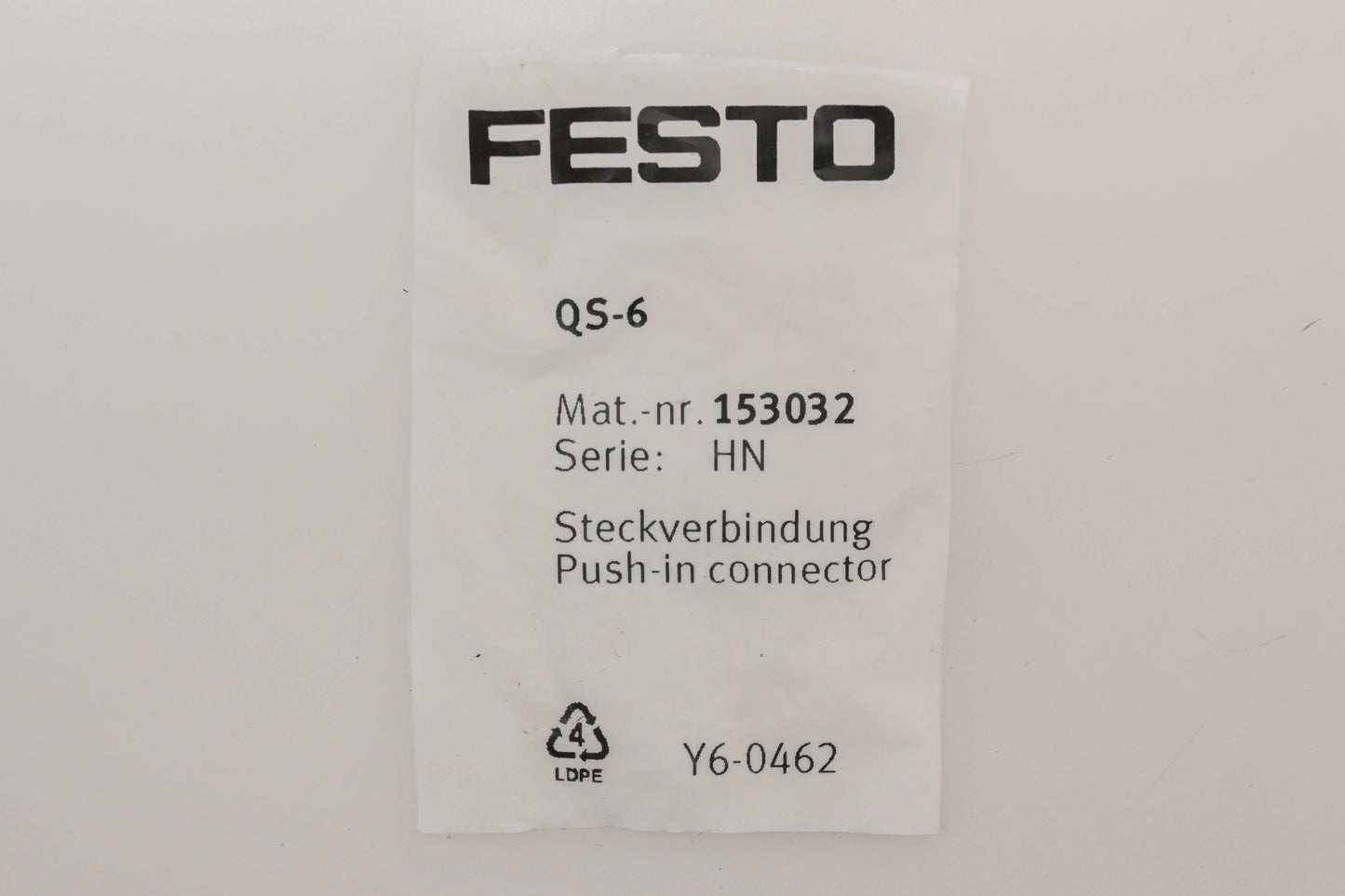Festo QS-6, 153032 6mm x 1/8" Push-In Fittings Qty 2 NOS