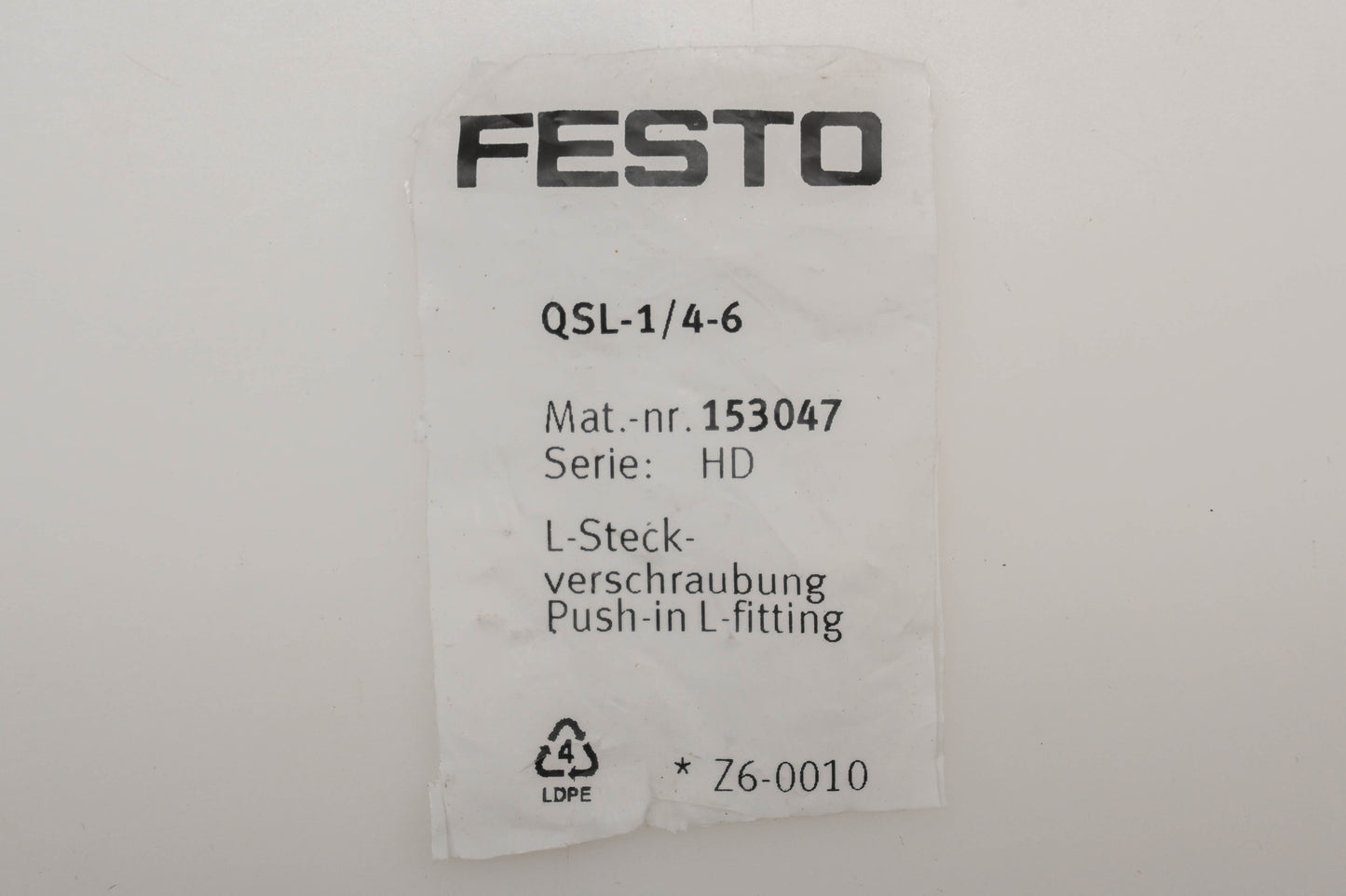 Festo QSL-1/4-6 6mm x 1/8" Push-In 90� Fittings Qty 2 NOS