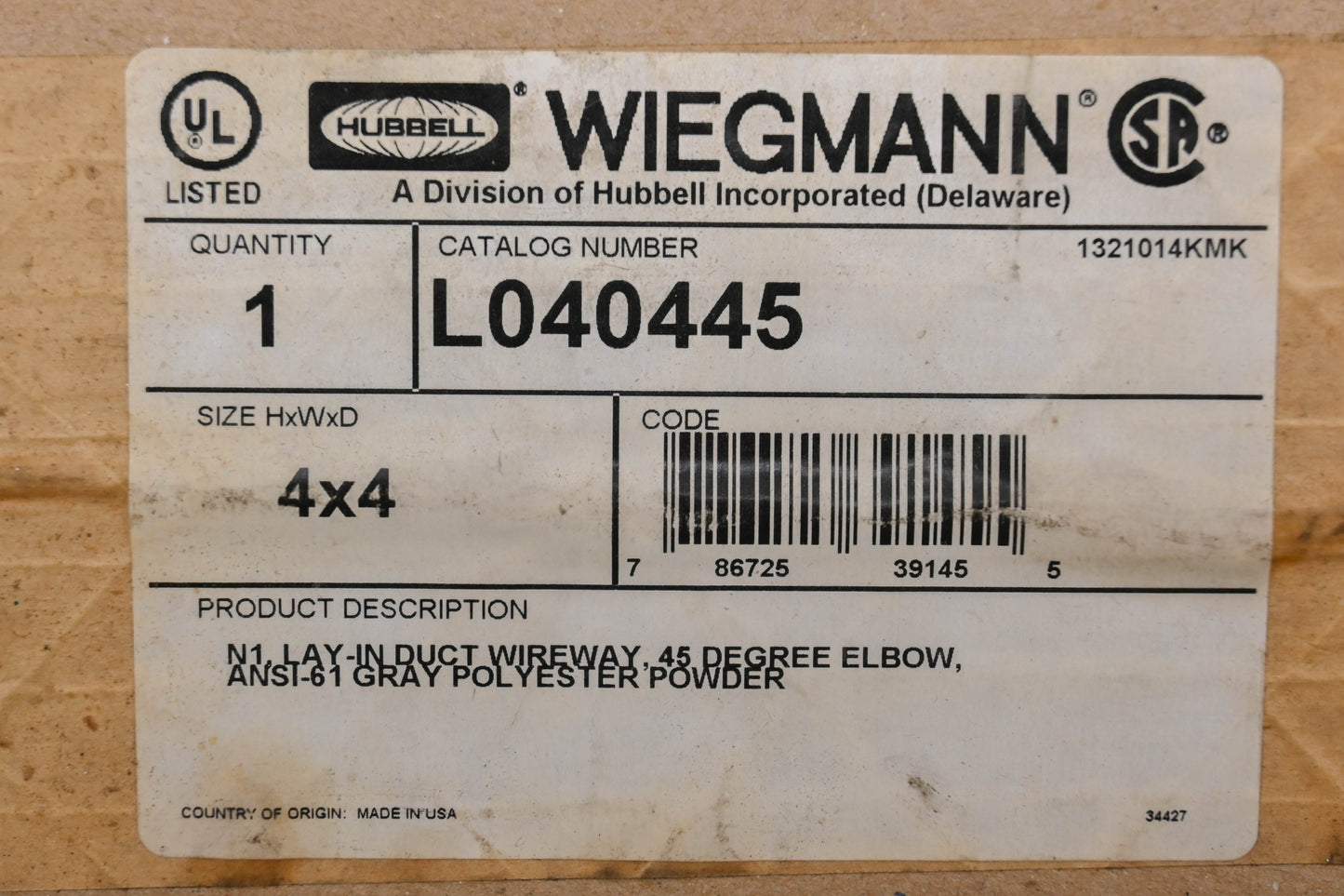 Hubbell L040445 4" x 4" 45� Duct NOS