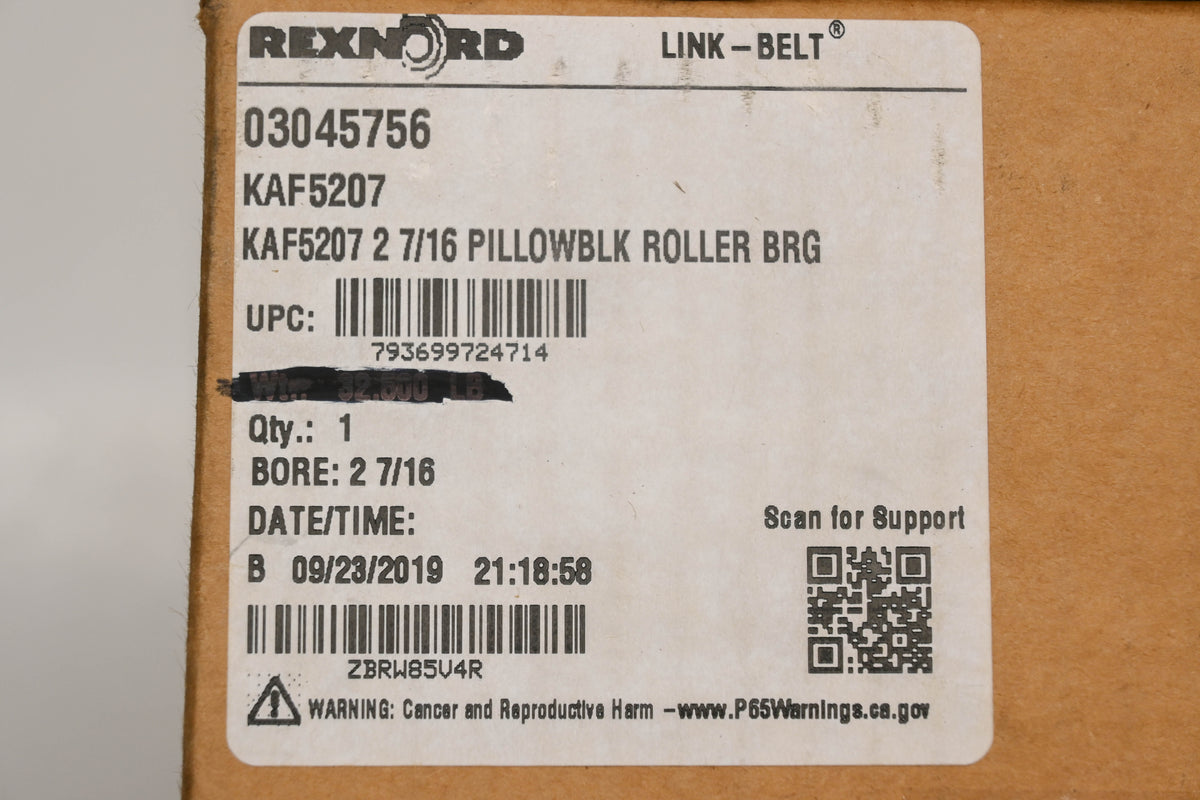 Rexnord KAF5207, 03045756 2-7/16" Pillow Block Roller Bearing NOS